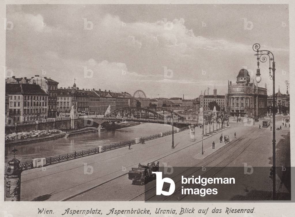 Wien, Aspernplatz, Asperbrucke, Urania, Blick Auf Das Riesenrad (b/w photo)