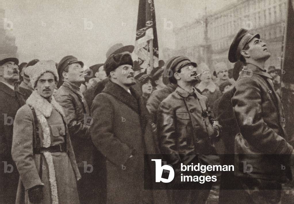 Lenin and Y M Sverdlov at the temporary monument to K Marx and F Engels, Moscow, 7 November 1918 (b/w photo)