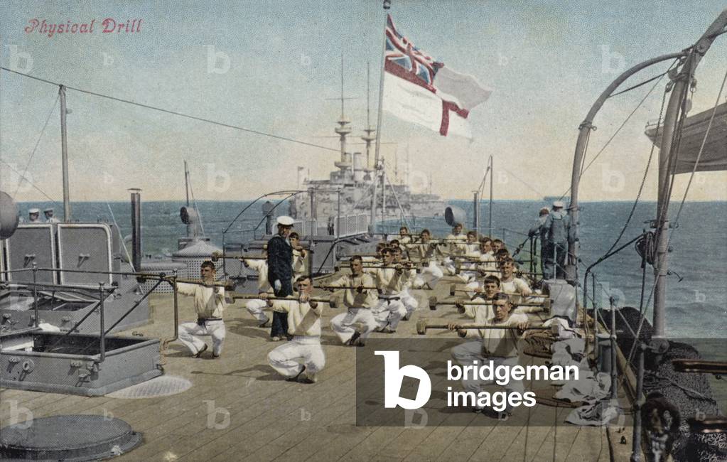 Sailors performing physical drill on board a British warship (coloured photo)