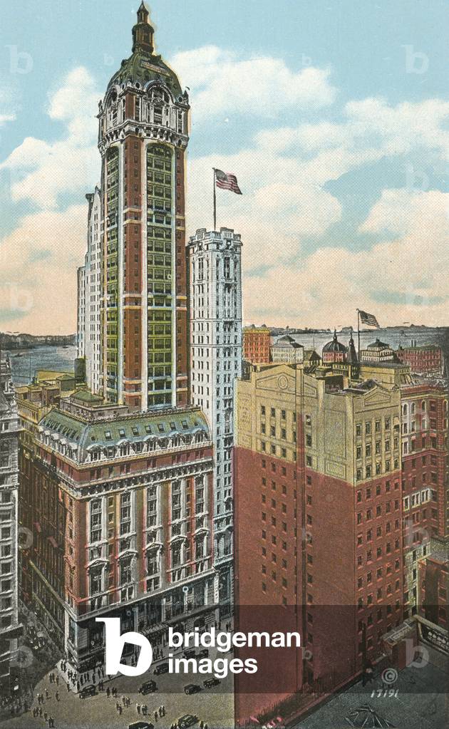 Singer Building and Part of Financial District, New York (colour litho)