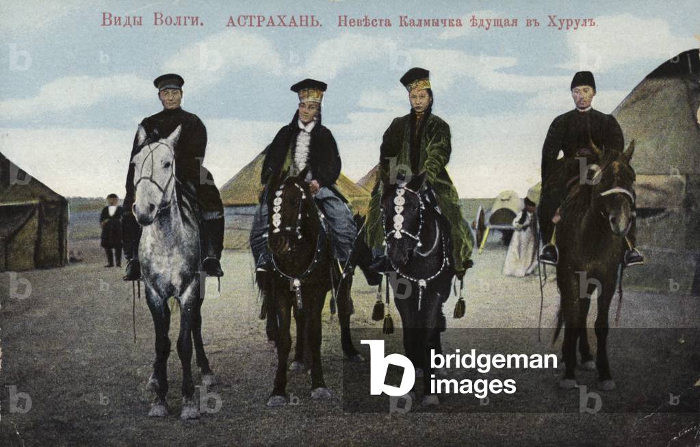 Kalmyk bride going to the Buddhist temple, Astrakhan, Russia, early 20th Century (colour photo)