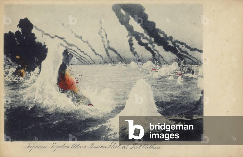 Japanese Torpedoes Attack Russian Fleet at Port Arthur, Russo-Japanese War, 1904 (colour litho)