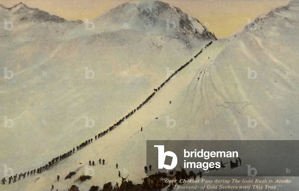 Gold seekers crossing the Chilkoot Pass during the Alaskan Gold Rush, 1896-1899 (coloured photo)