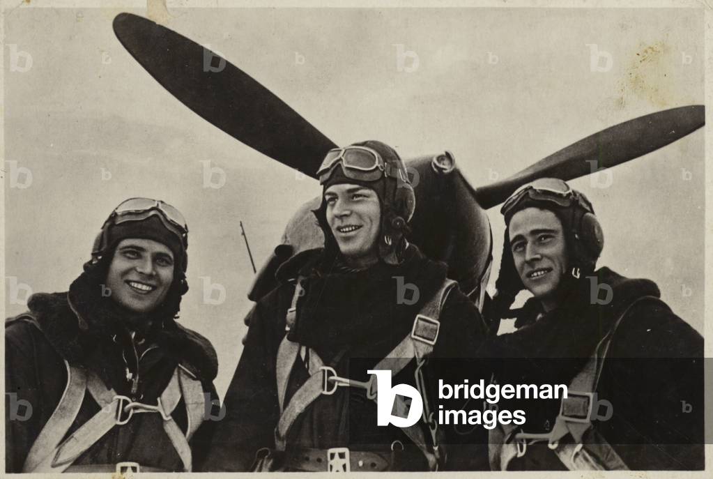 Russian fighter pilots Lieutenant A Novoseltsev, Squadron Leader F Chernenko and First Lieutenant A Elagin, 1930s or 1940s (b/w photo)