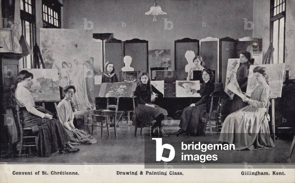 Drawing and painting class, Convent of St Chretienne, Gillingham Kent (b/w photo)