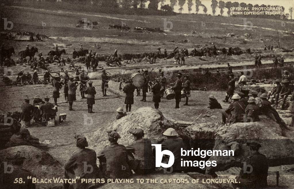 Black Watch pipers playing to the captors of Longueval, France, World War I, 1916 (b/w photo)