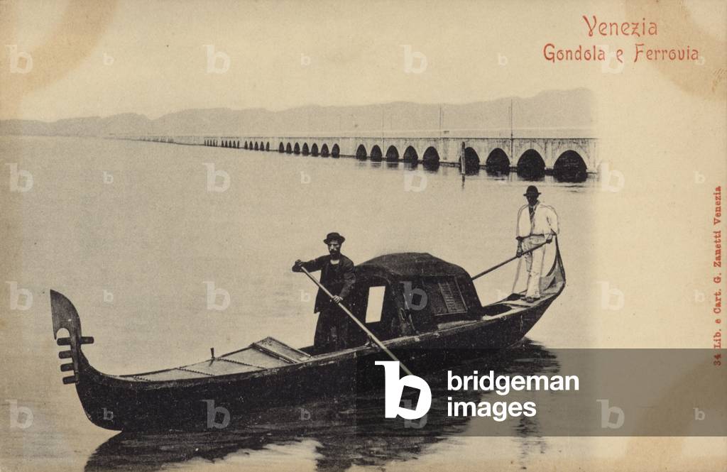 Postcard depicting a gondola on the waters of Venice (b/w photo)