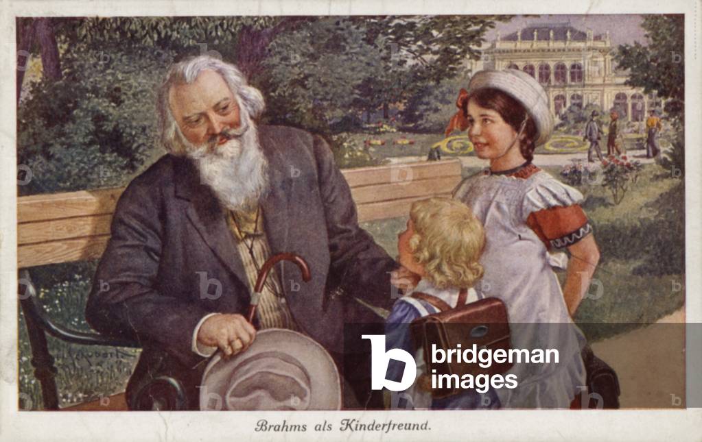 Johannes Brahms as a friend of children (colour litho)
