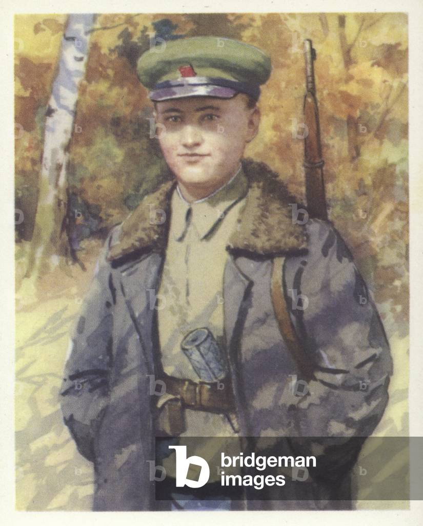 Volodya Kaznacheev, Belorussian Soviet Pioneer youth who joined the partisans during World War II (colour litho)