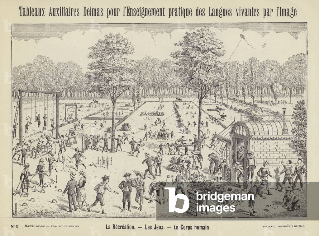 Children playing games outdoors in a playground (litho)