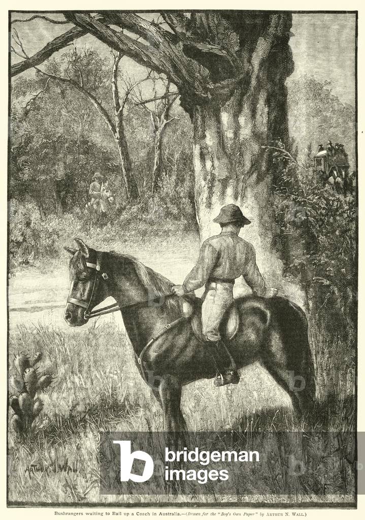 Bushrangers waiting to bail up a coach in Australia (engraving)