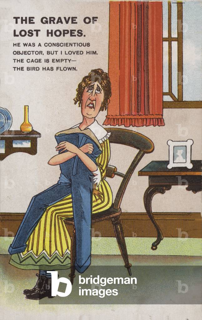 Woman holding trousers of a conscientious objector (colour litho)