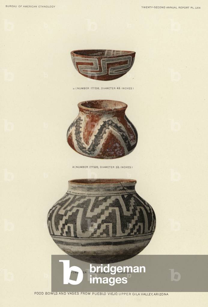 Food bowls and vases from Pueblo Viejo, Upper Gila Valley, Arizona (colour litho)
