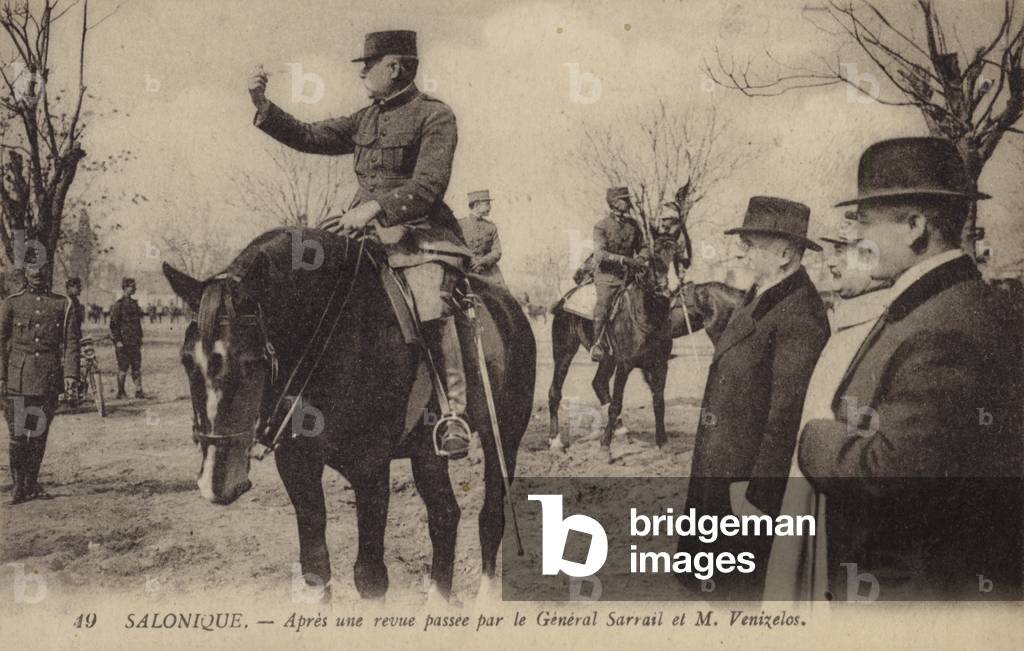 After a review inspected by French general Maurice Sarrail and Greek Prime Minister Eleftherios Venizelos, Salonika, Greece, World War I (b/w photo)