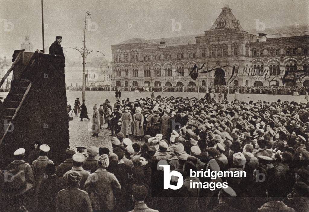Lenin speaks to the meeting in Red Square on the first anniversary of the Great October Socialist Revolution, Moscow, 7 November 1918 (b/w photo)