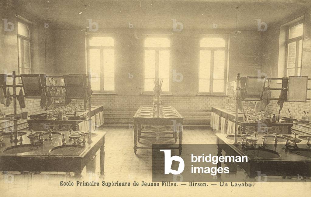 Primary school washroom, Hirson (b/w photo)