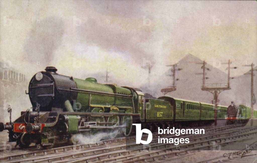 Southern Railway Lord Nelson Class locomotive pulling the London express out of Brighton, Sussex (colour litho)