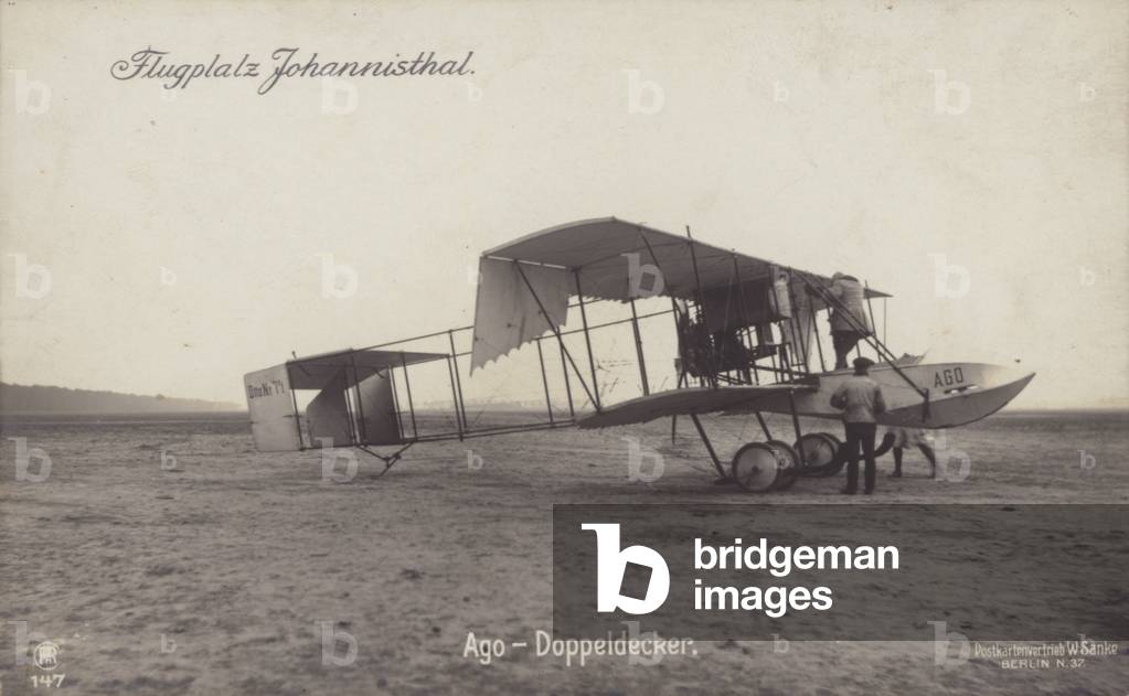Ago biplane, Johannisthal Airfield, Berlin, Germany (b/w photo)