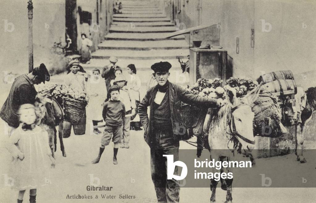 Artichoke and water sellers, Gibraltar (b/w photo)