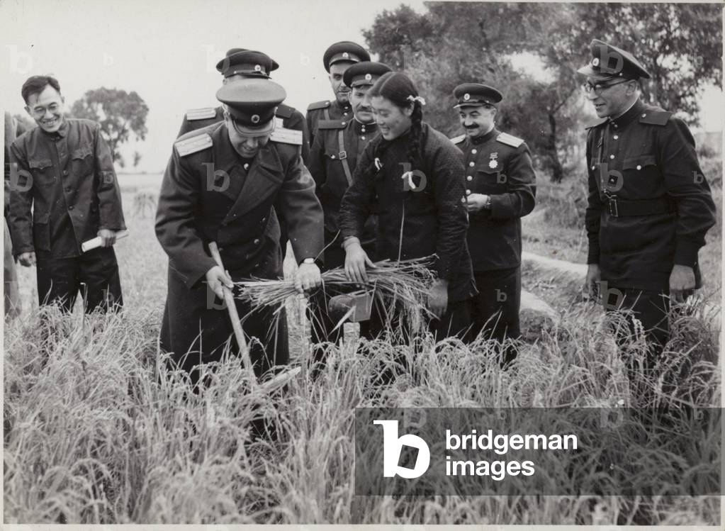 Soviet-Chinese Friendship: Red Army delegation visiting Chinese peasants during the harvest, early 1950s (b/w photo)