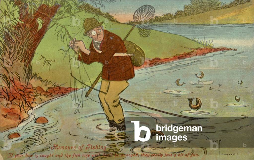 Angler with his line caught in a tree (colour litho)