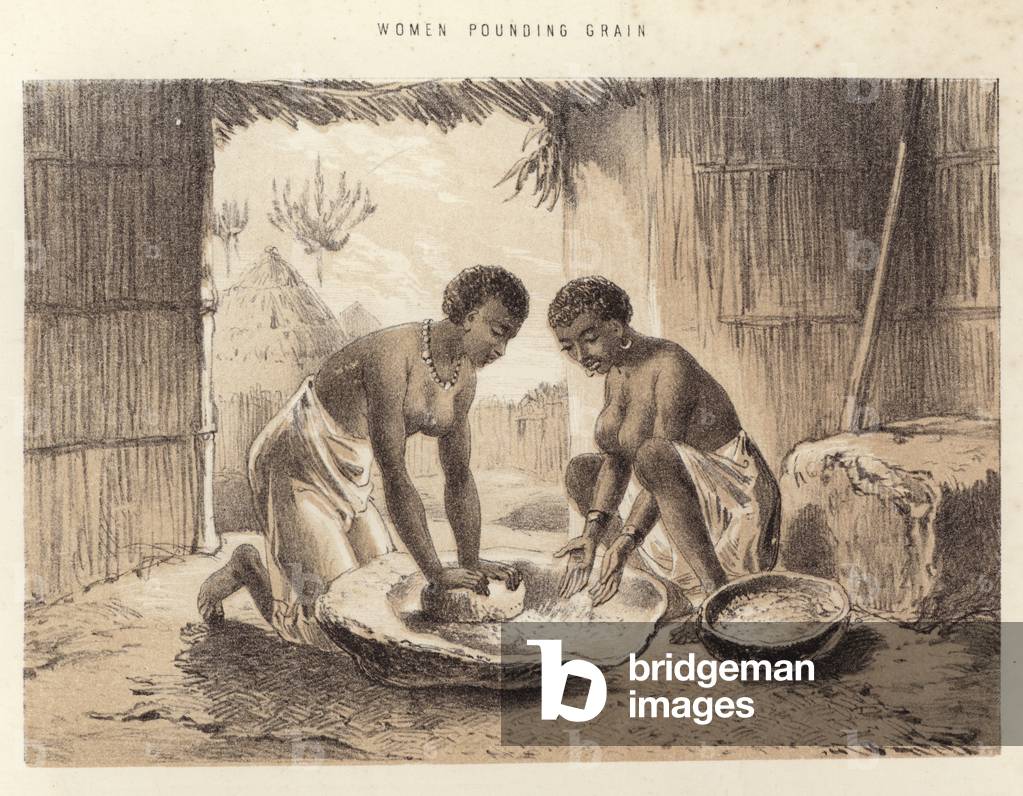Women pounding grain (litho)