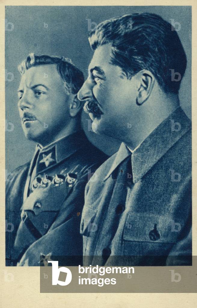 Joseph Stalin and Kliment Voroshilov, Soviet Bolshevik leaders (colour litho)