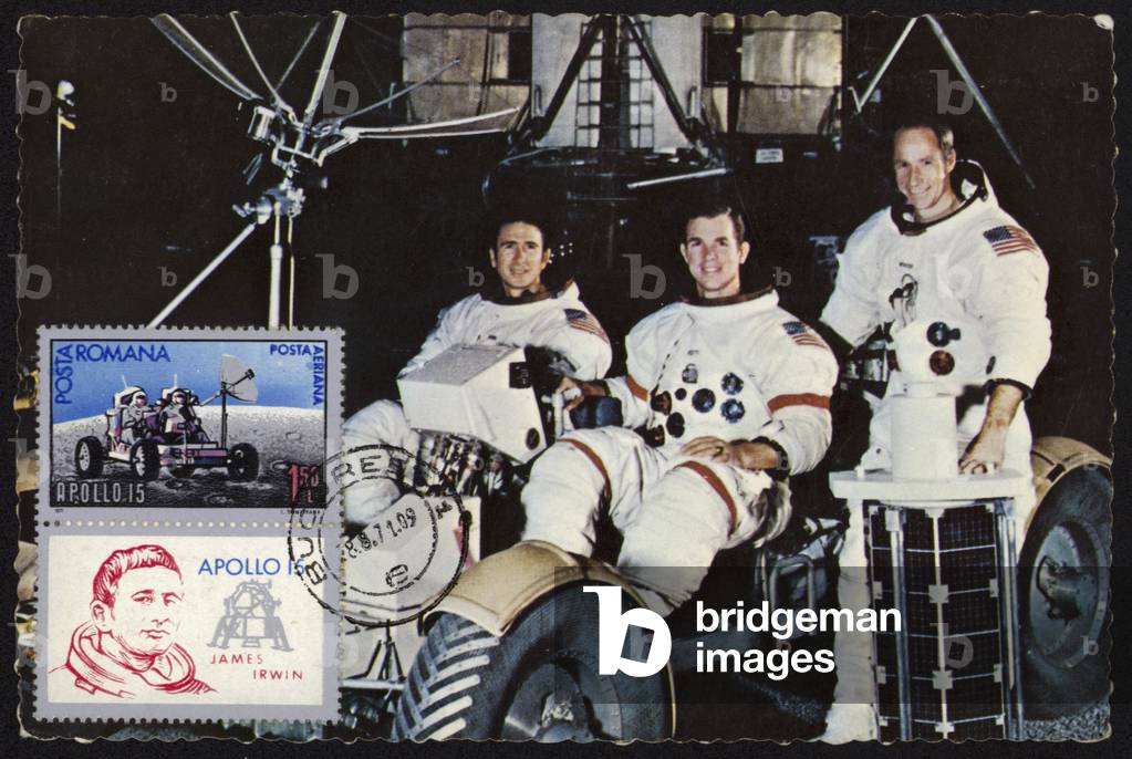 The crew of Apollo 15 on the Lunar Roving Vehicle, 1971 (colour photo)