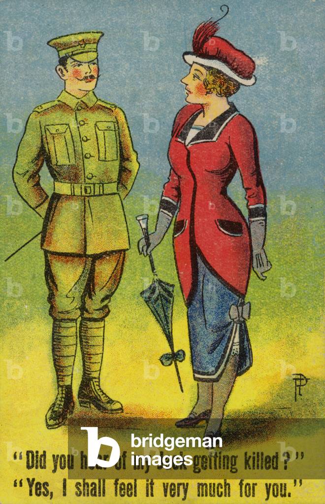 Woman taking to a soldier (colour litho)