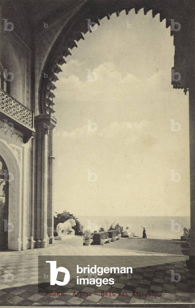 View from the Vorontsov Palace, Alupka, Crimea, Russia, early 20th Century (b/w photo)