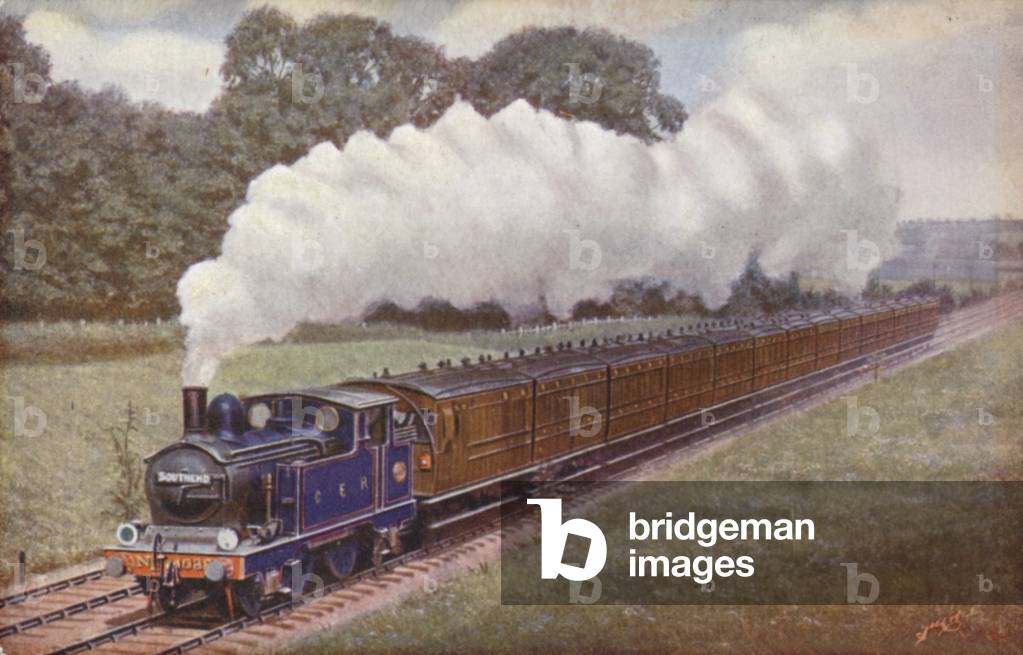 Great Eastern Railway Southend train near Brentwood, Essex (colour litho)