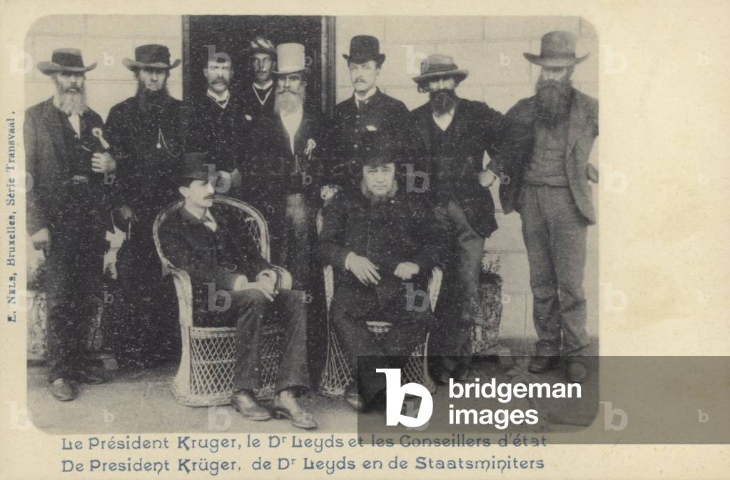 Postcard depicting South African President Paul Kruger and politicians (b/w photo)
