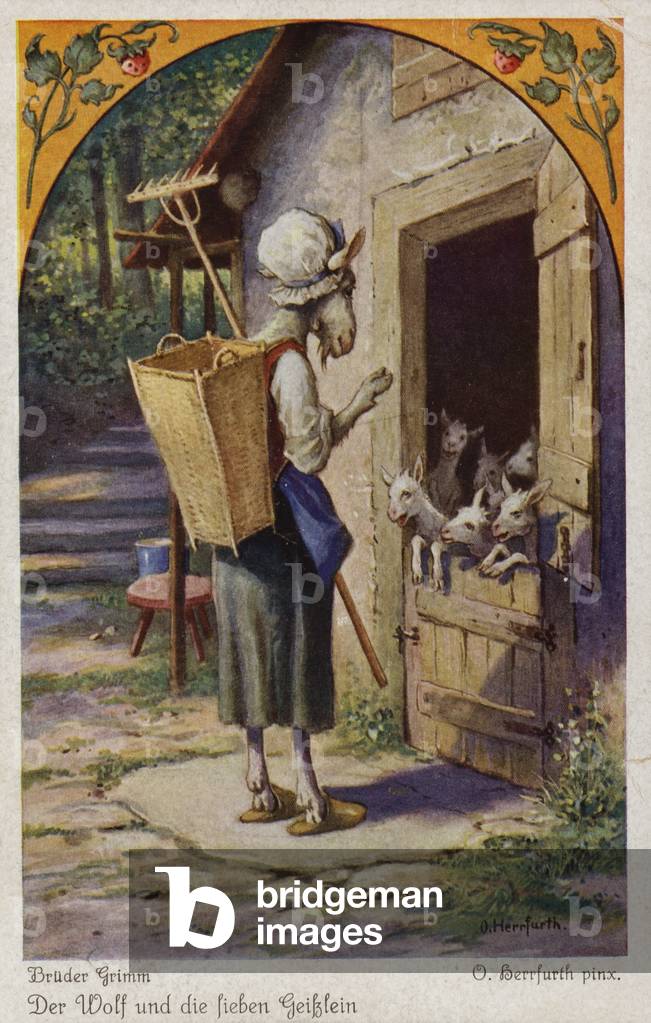 Scene from The Wolf and the Seven Young Kids, by the Brothers Grimm (colour litho)