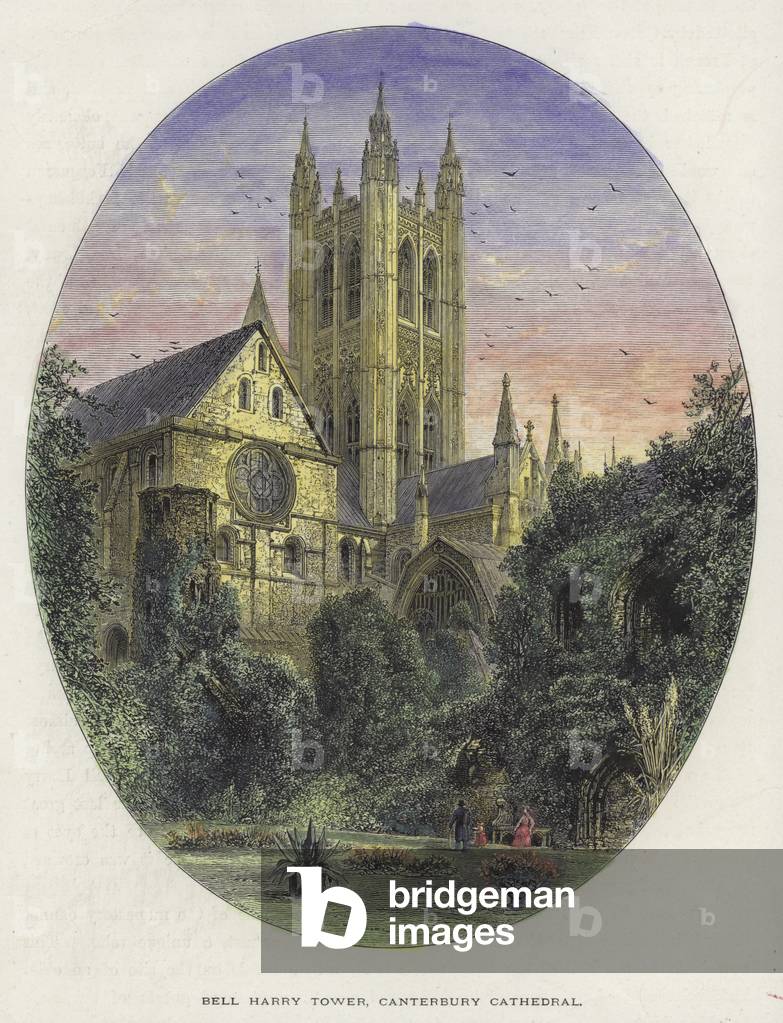 Bell Harry Tower, Canterbury Cathedral, Kent (coloured engraving)