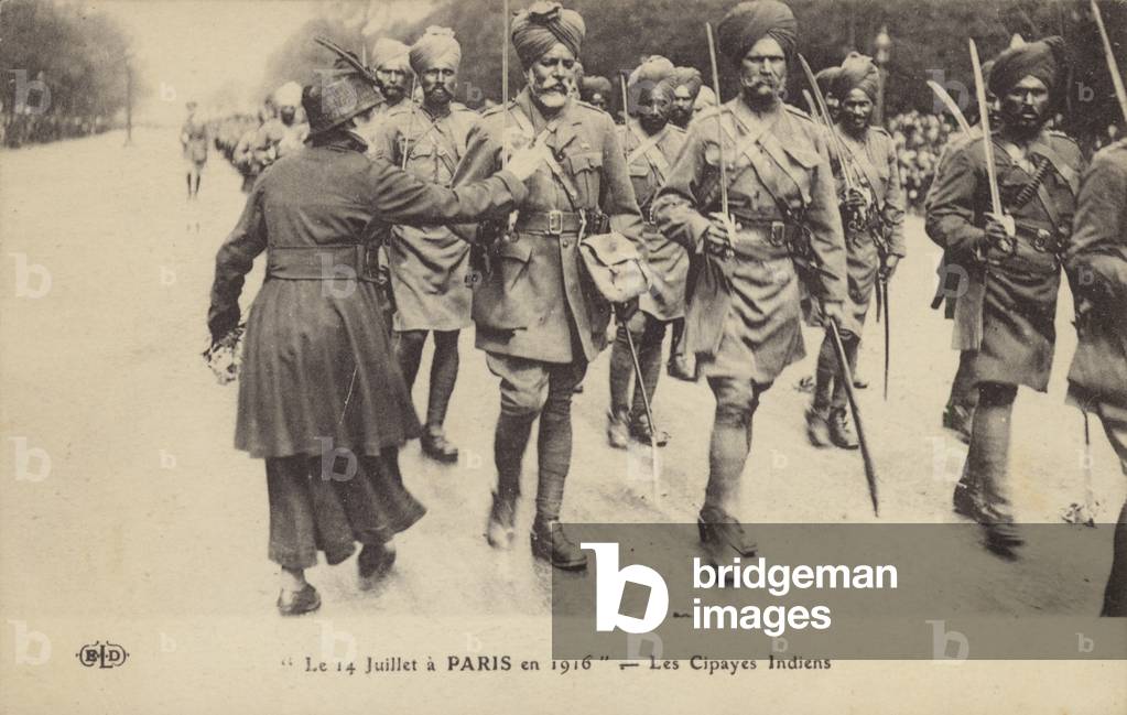 Indian soldiers parading in Paris on Bastille Day, World War I, 14 July 1916 (b/w photo)