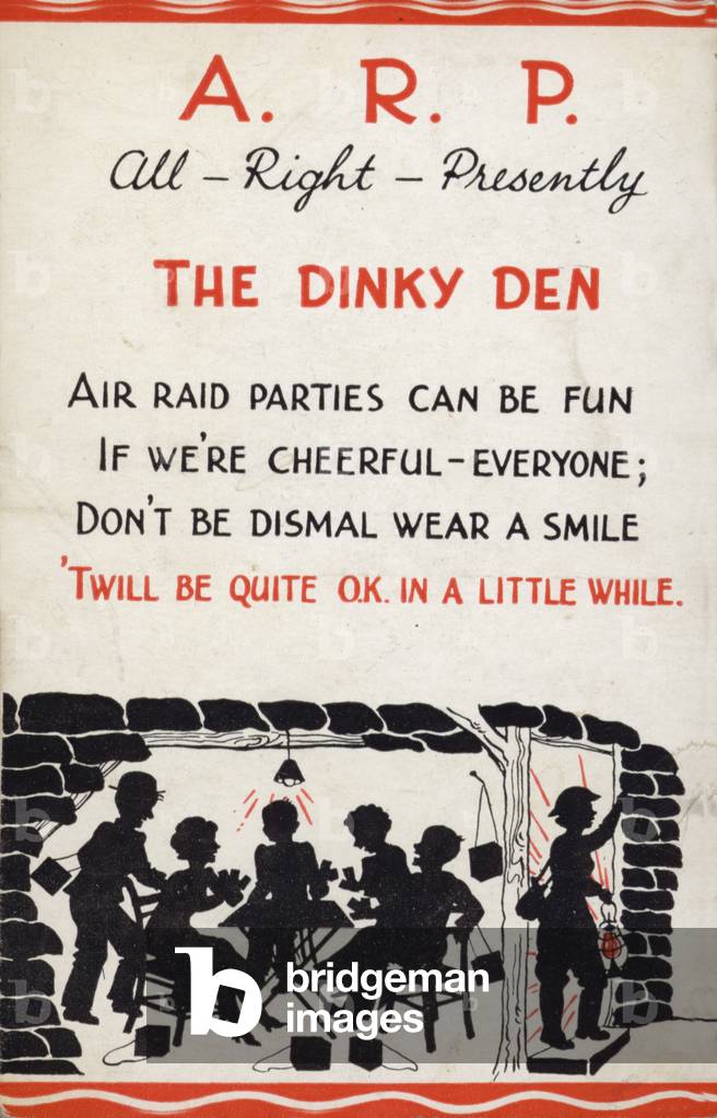WW2 cartoon propaganda postcard about air raid shelters (colour litho)