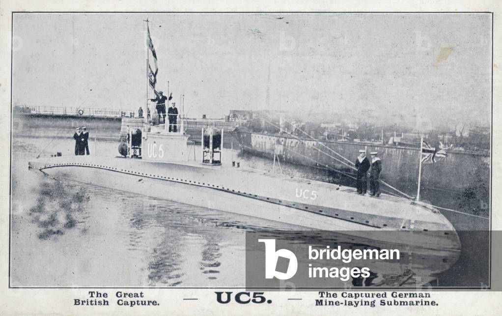 Captured German mine-laying submarine UC 5, World War I (b/w photo)