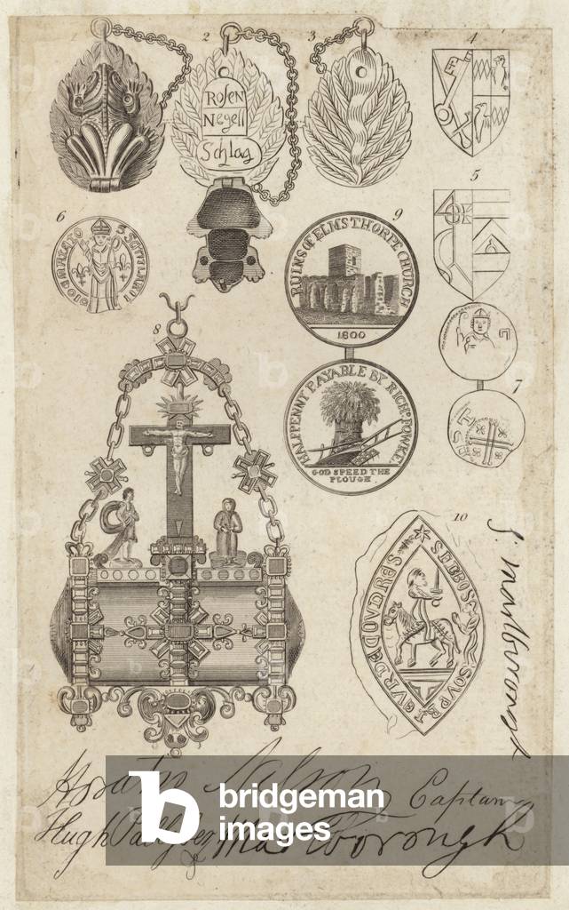 Sheet depicting coins, seals and tokens, with fasimilies of signatures (engraving)