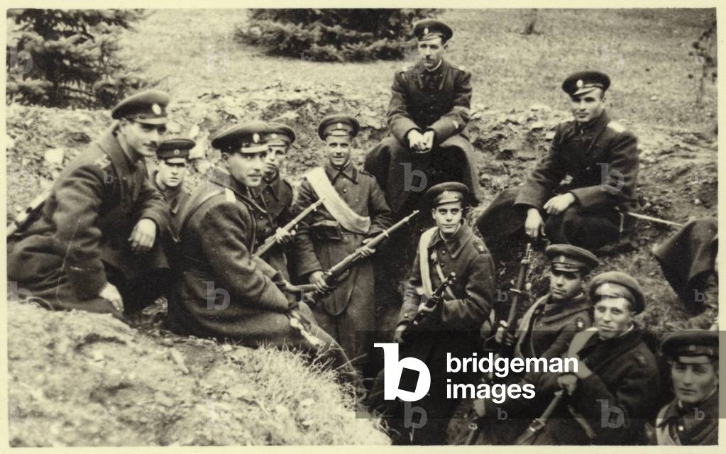 Bulgarian soldiers in a trench during an exercise between the two World Wars, 1918-1939 (b/w photo)