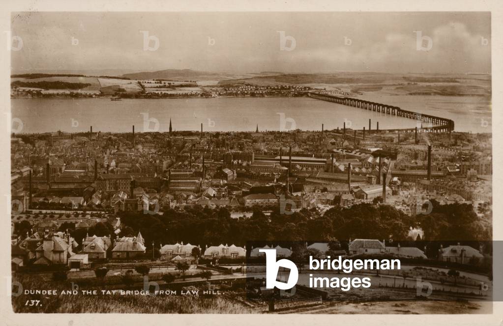 Dundee and the Tay Bridge from Law Hill (b/w photo)