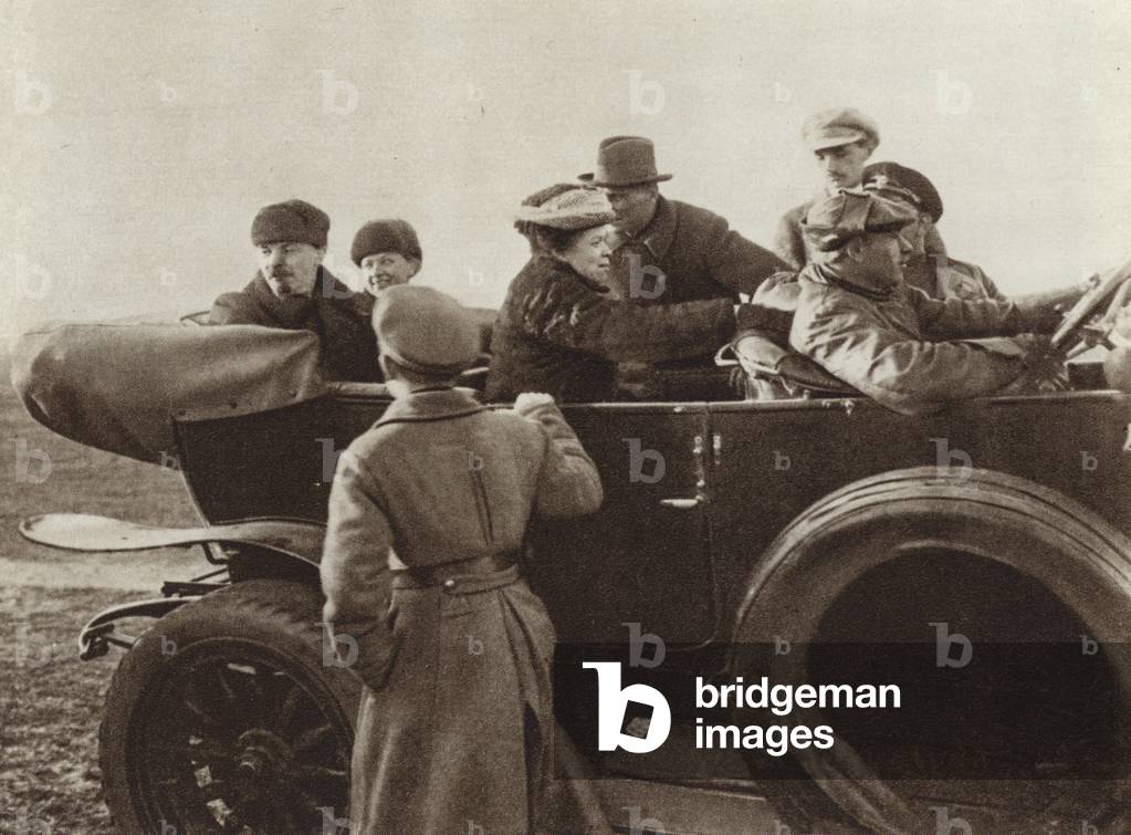 Lenin, N K Krupskaya and M I Ulyanova in a car in the Khodynka Field, Moscow, 1 May 1918 (b/w photo)