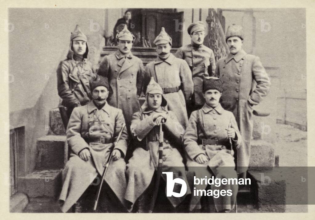 Semyon Budyonny, commander of the 1st Cavalry Army together with members of the Revolutionary Military Council Kliment Voroshilov and Yefim Shchedenko and other Red Army officers, Rostov-on-Don, Russian Civil War, 1920 (b/w photo)