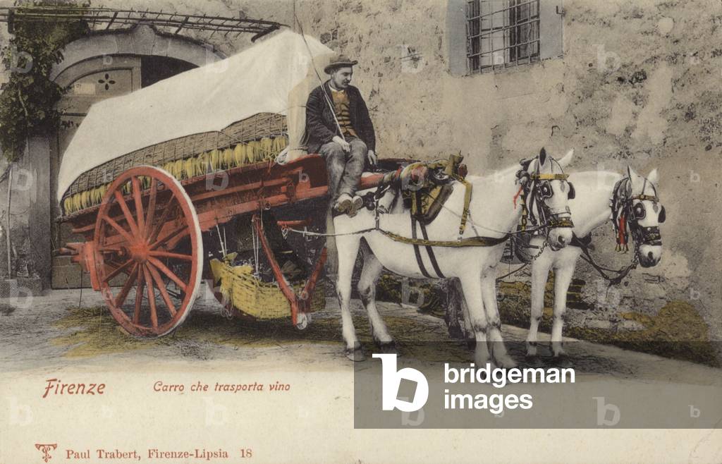 Postcard depicting a horse-drawn cart loaded with wine (photo)