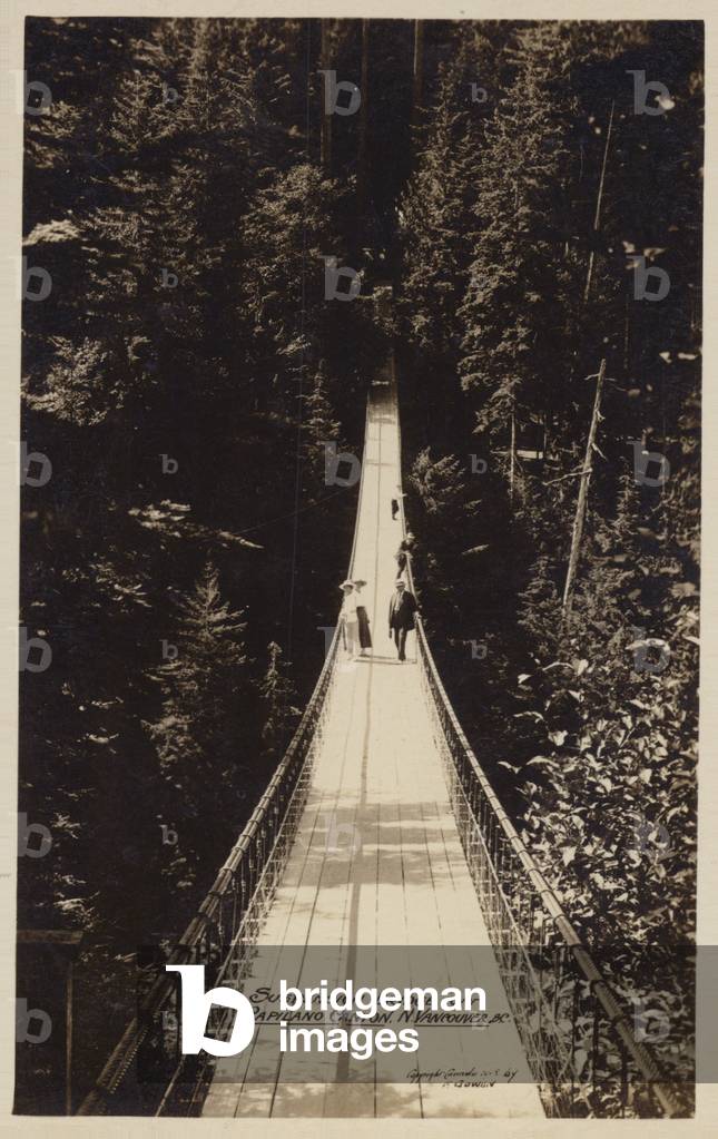 Suspension bridge over Capilano Canyon, North Vancouver, British Columbia, Canada (b/w photo)