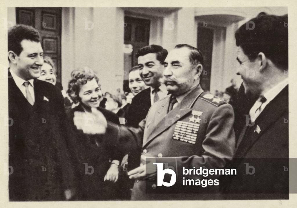 Soviet Marshal Semyon Budyonny conversing with other deputies during a break in a session of the Supreme Soviet of the USSR, Moscow, 1965 (b/w photo)