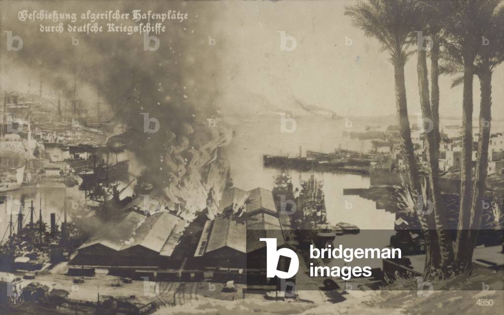 Bombardment of an Algerian port by German warships, World War I, 1914-1918 (litho)