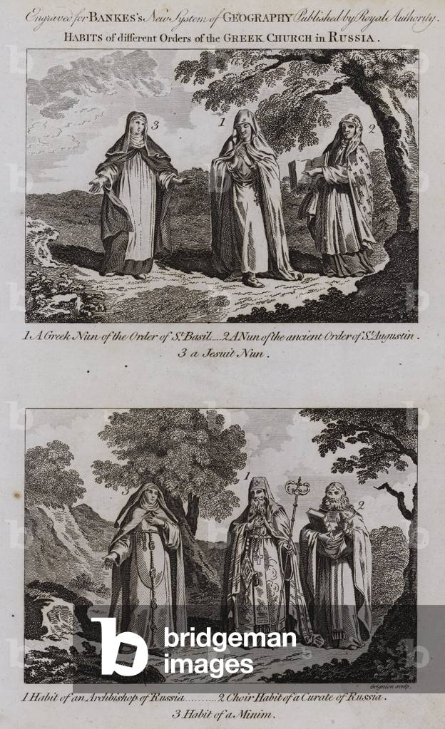 Habits of different orders of the Greek Church in Russia (engraving)