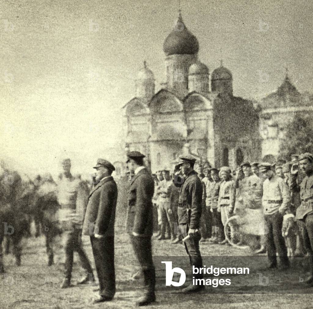 Lenin reviews the 11th group of graduates of the First Moscow Soviet Machine-Gun Commander School in the Kremlin, Moscow, 12 May 1920 (b/w photo)