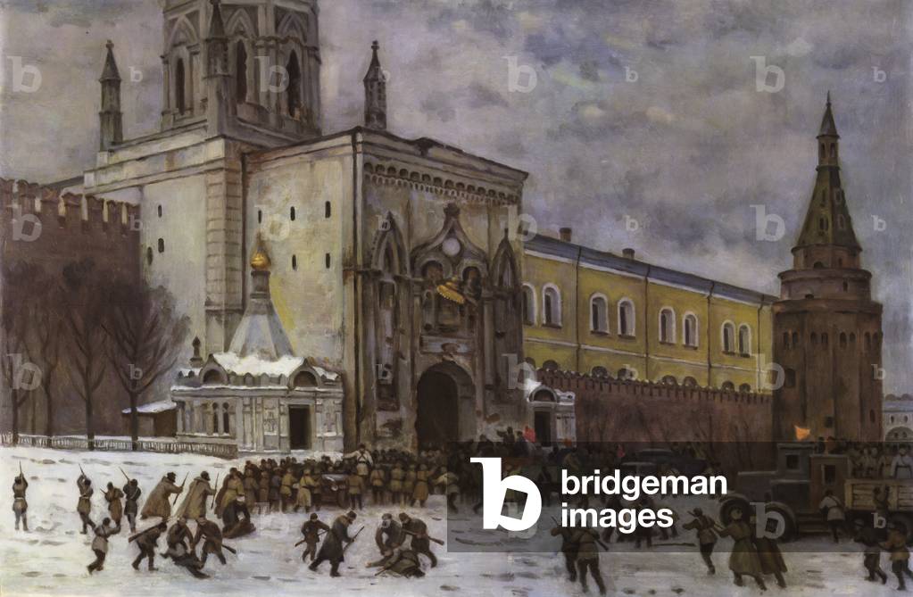 Russian revolutionaries capturing the Kremlin in 1917, 1951 (colour litho)