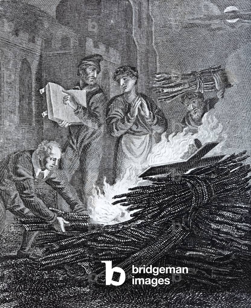 Puritan iconoclasts burning a crucifix taken from a church on the road to Norwich, Norfolk, 17th Century (engraving)